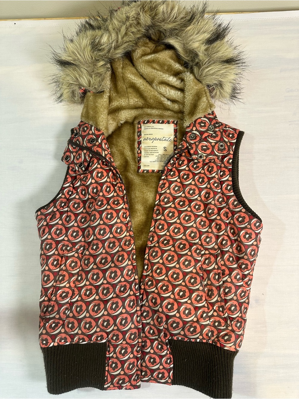 Aeropostale Girls' Red and Brown Patterned Faux-Fur Hooded Vest